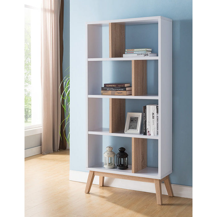 Two Tone Bookcase Display Cabinet Flared Legs Open Back Four Shelves Dividers - Weathered White