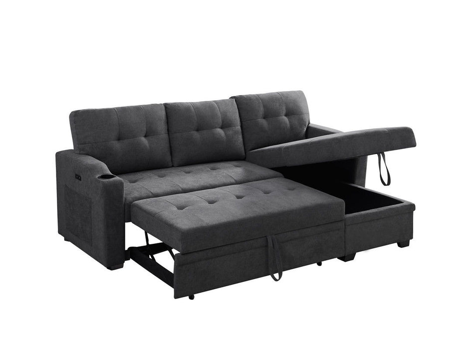 Mabel - Woven Fabric Sleeper Sectional With Cupholder, USB Charging Port nd Pocket - Dark Gray