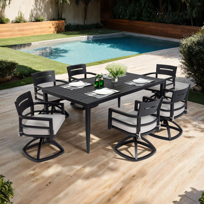 Outdoor Patio Aluminum Furniture, Modern Dining Set, Including 4 Swivel Rockers Sunbrella Cushioned And Square Dining Table With Umbrella Hole