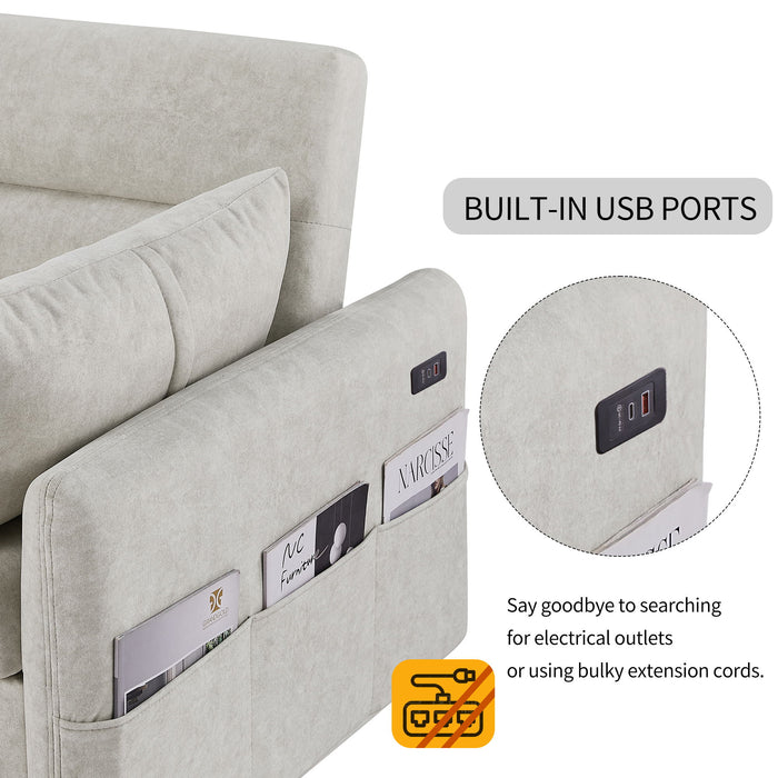 Pull Out Sleep Sofa Bed Loveseats Sofa Couch With Adjsutable Backrest, Storage Pockets, 2 Soft Pillows, USB Ports For Living Room