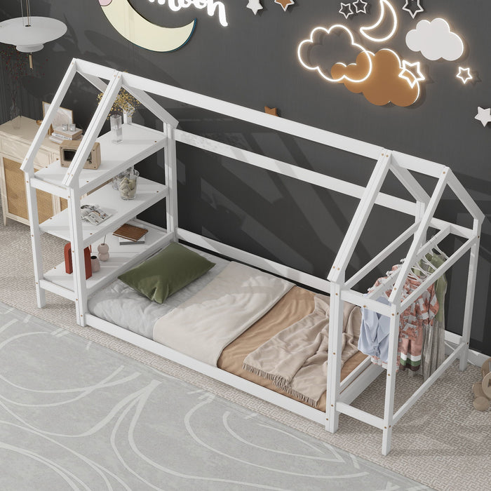 Wood House Bed With Storage Shelf And Hanger, Kids Bedroom Set