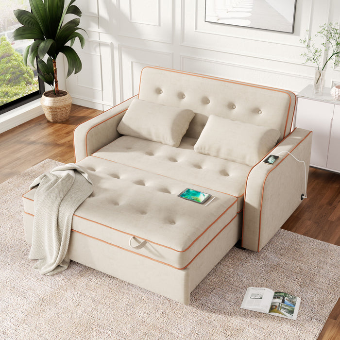 Upholstered Sleeper Bed, Pull Out Sofa Bed Couch Attached Two Throw Pillows, Dual USB Charging Port And Adjustable Backrest For Living Room Space