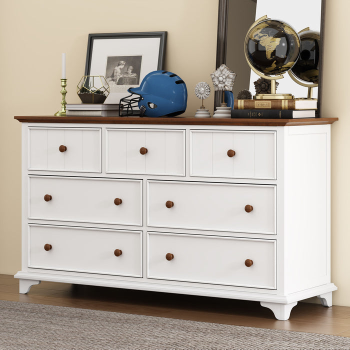 Wooden Captain Seven Drawer Dresser For Bedroom, Living Room, Kids' Room - White / Walnut