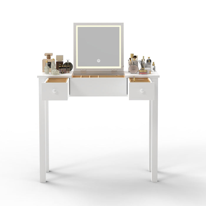 Vanity Table With LED Lights, Flip-Top Mirror And 2 Drawers, Jewelry Storage