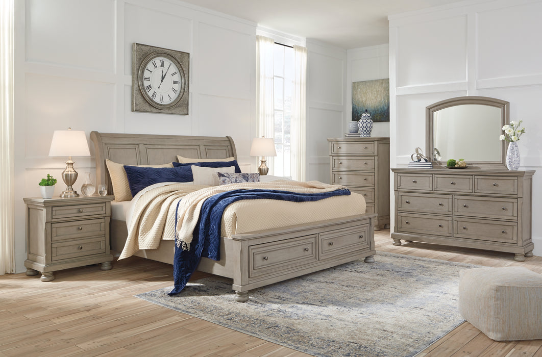 Lettner King Sleigh Bed with 2 Storage Drawers with Mirrored Dresser, Chest and 2 Nightstands