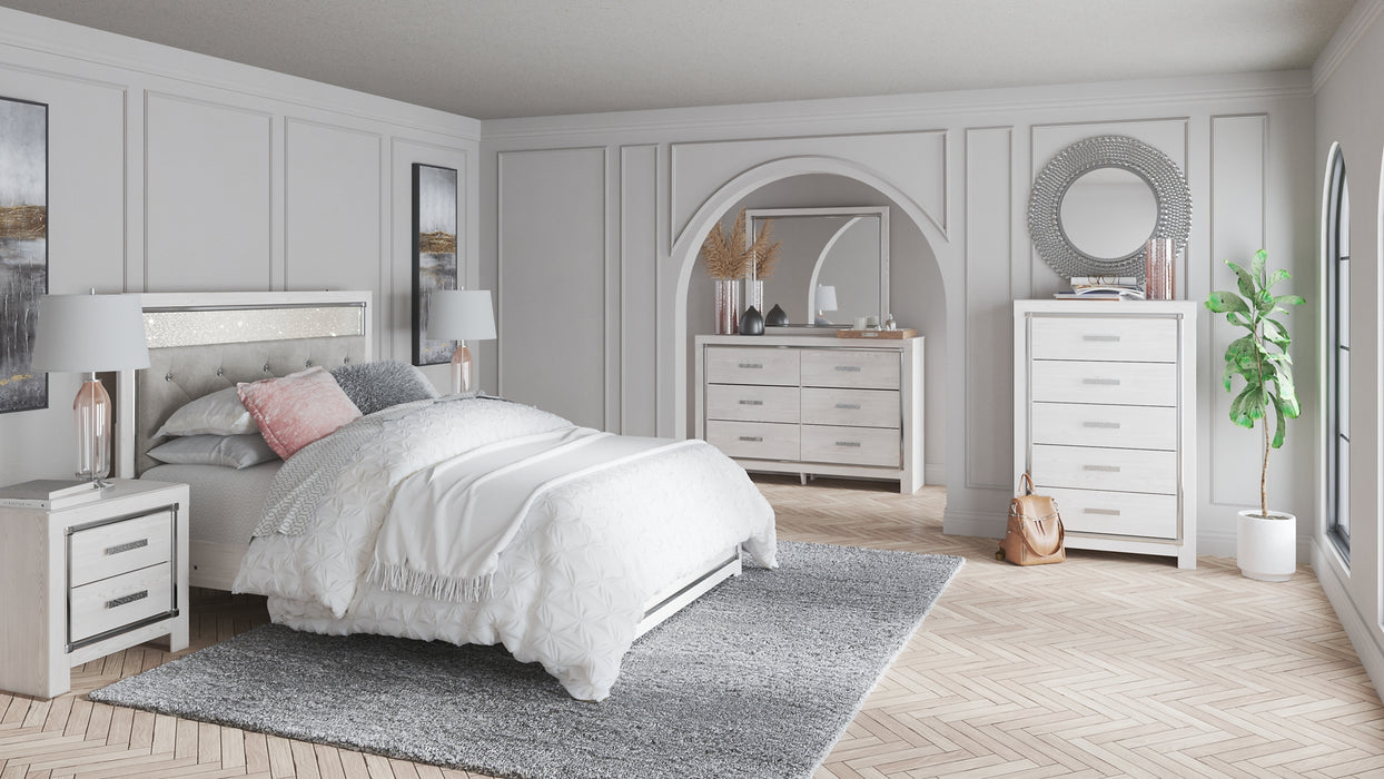 Altyra Queen Panel Bed with Mirrored Dresser, Chest and Nightstand