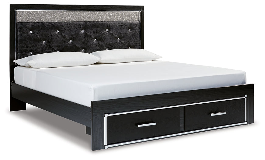 Kaydell King Upholstered Panel Storage Platform Bed with Mirrored Dresser and Chest