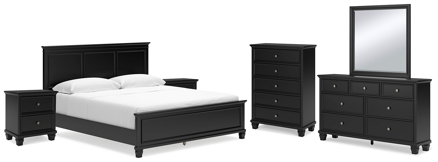 Lanolee California King Panel Bed with Mirrored Dresser, Chest and 2 Nightstands