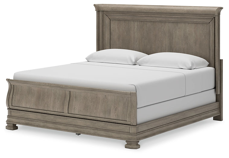 Lexorne California King Sleigh Bed with Mirrored Dresser, Chest and 2 Nightstands